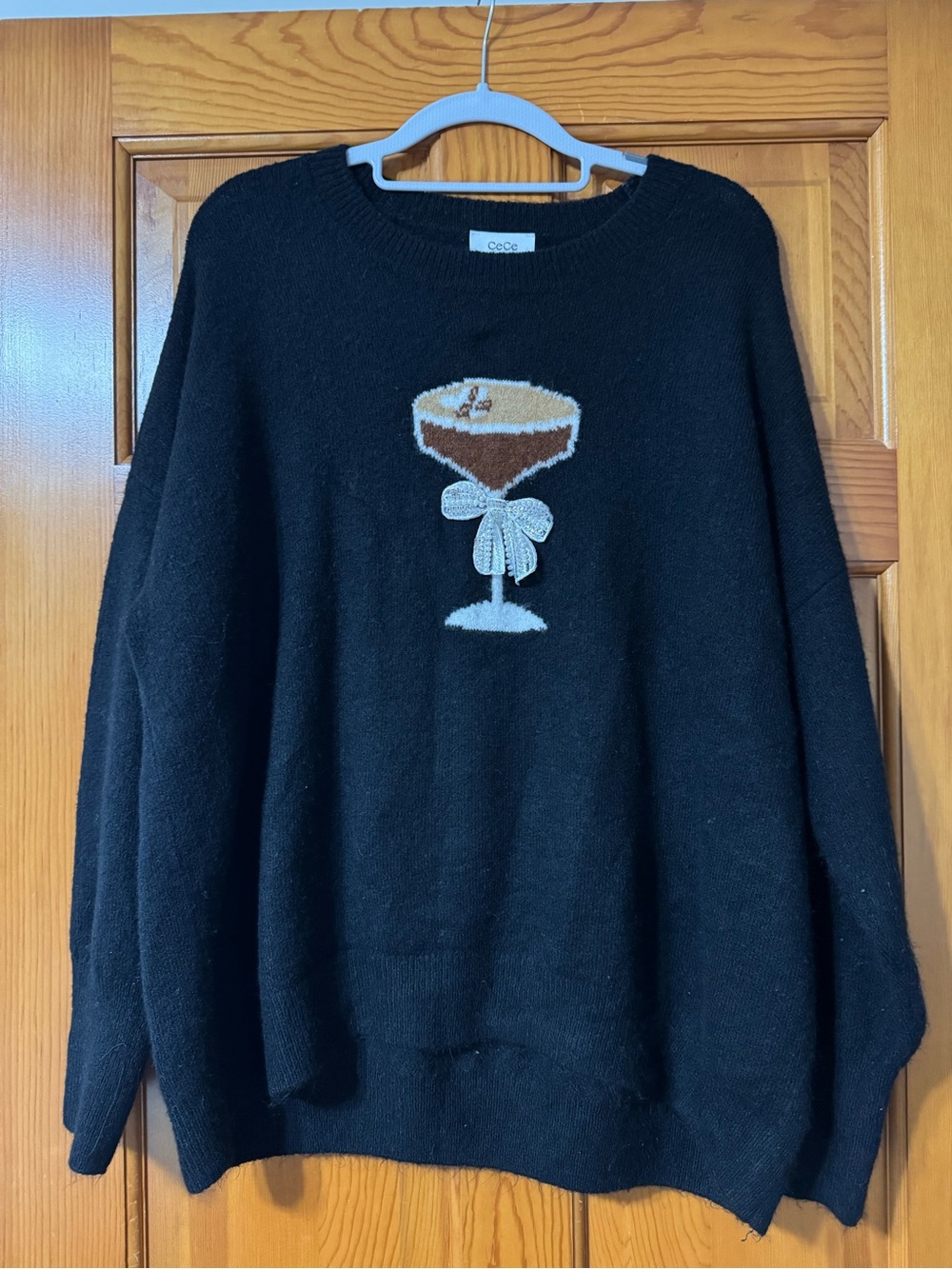 CeCe Black Sweater with Cream & Brown Cocktail Motif